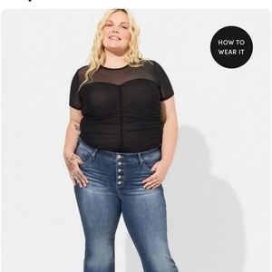 Torrid Stretch Mesh Crew Neck Ruched Top Black